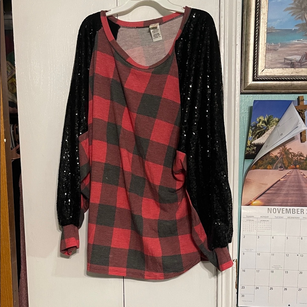 7th Ray Black and Red Checkered Blouse with Sparkling Sleeves